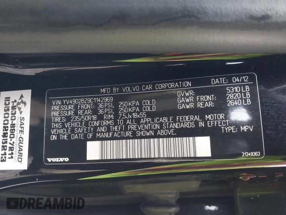 2012 Volvo XC70 T6 with VIN YV4902BZ9C1142969, listed as a IAAI auction lot 41750918 with 124,322 mi miles and . Bid and sale history available at DreamBid. Image 9.