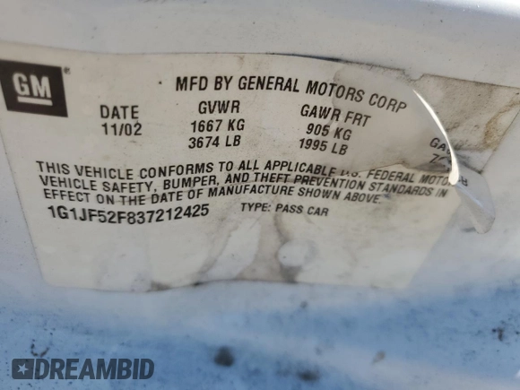 2003 Chevrolet Cavalier LS with VIN 1G1JF52F837212425, listed as a Copart auction lot 70407214 with 0 mi miles and Salvage Title. Bid and sale history available at carsss.com. Image 15.