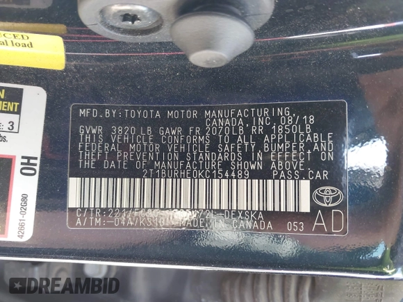 2019 Toyota Corolla L with VIN 2T1BURHE0KC154489, listed as a IAAI auction lot 41840201 with 112,248 mi miles and . Bid and sale history available at DreamBid. Image 9.