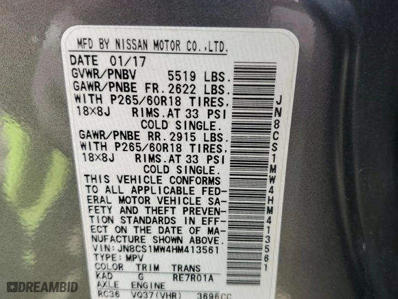 2017 Infiniti QX70 with VIN JN8CS1MW4HM413561, listed as a Copart auction lot 55653464 with 0 mi miles and Salvage Title. Bid and sale history available at carsss.com. Image 13.