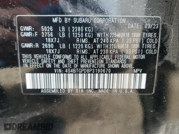 2023 Subaru Outback Touring XT with VIN 4S4BTGPD8P3190670, listed as a Copart auction lot 57247325 with 25,275 mi miles and Salvage title. Bid and sale history available at DreamBid. Image 13.