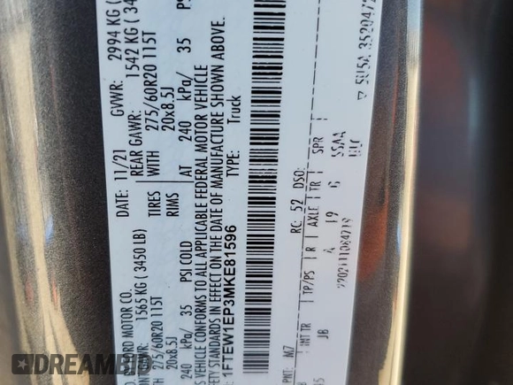 2021 Ford F-150 XL with VIN 1FTEW1EP3MKE81596, listed as a Copart auction lot 48502705 with 38,850 mi miles and Salvage title. Bid and sale history available at DreamBid. Image 12.