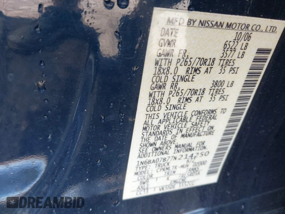 2007 Nissan Titan SE z VIN 1N6BA07B77N214250, wystawiony jako IAAI lot #42142029 z przebiegiem 184 575 mil mil oraz . Historia ofert i sprzedaży dostępna na DreamBid. Obrazek 9.