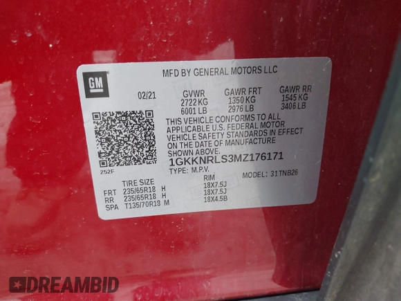2021 GMC Acadia SLE with VIN 1GKKNRLS3MZ176171, listed as a IAAI auction lot 41822243 with 40,519 mi miles. Bid and sale history available at carsss.com. Image 9.