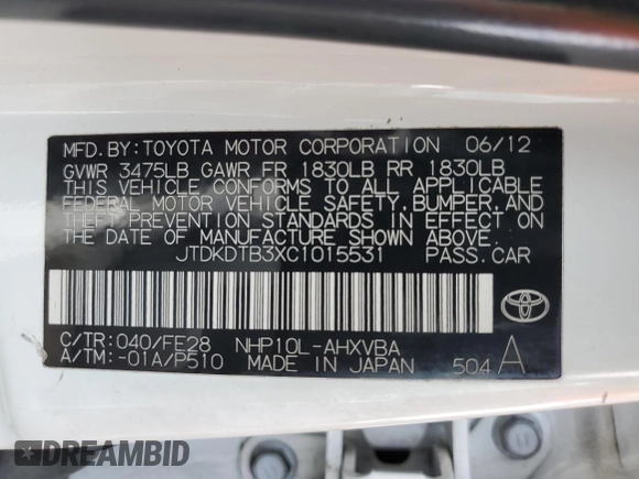 2012 Toyota Prius One with VIN JTDKDTB3XC1015531, listed as a Copart auction lot 54593835 with 186,487 mi miles and Salvage Title. Bid and sale history available at DreamBid. Image 13.
