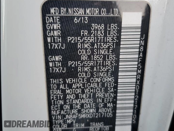 2013 Nissan Juke SV with VIN JN8AF5MRXDT217105, listed as a Copart auction lot 87946185 with 50,697 mi miles and Salvage Title. Bid and sale history available at carsss.com. Image 13.