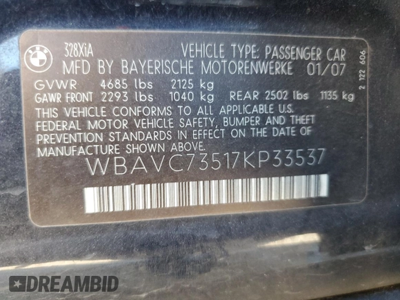 2007 BMW 3 Series 328xi z VIN WBAVC73517KP33537, wystawiony jako Copart lot #84838494 z przebiegiem 154 227 mil mil oraz Szkoda całkowita • Salvage title. Historia ofert i sprzedaży dostępna na DreamBid. Obrazek 14.