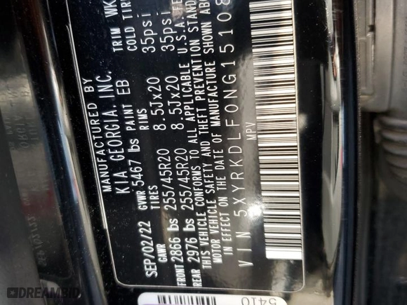 2022 Kia Sorento SX with VIN 5XYRKDLF0NG151088, listed as a Copart auction lot 84965254 with 50,697 mi miles and Salvage Title. Bid and sale history available at carsss.com. Image 14.