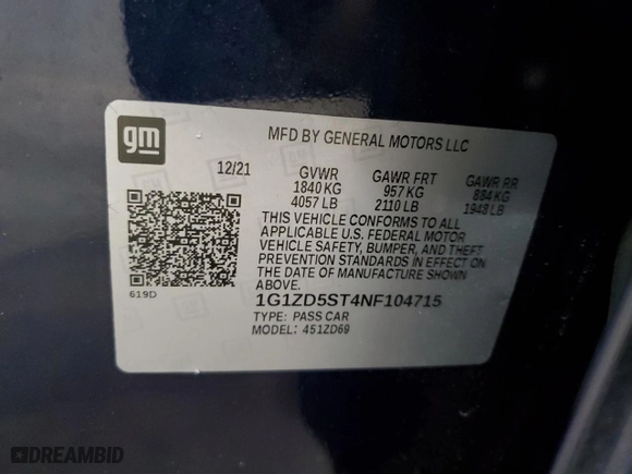 2022 Chevrolet Malibu LT with VIN 1G1ZD5ST4NF104715, listed as a Copart auction lot 49137025 with 105,473 mi miles and Salvage Title. Bid and sale history available at carsss.com. Image 12.