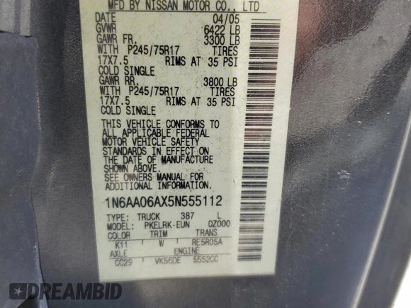 2005 Nissan Titan SE with VIN 1N6AA06AX5N555112, listed as a Copart auction lot 60567975 with 289,585 mi miles and Clean title. Bid and sale history available at DreamBid. Image 12.