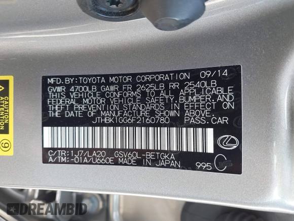 2015 Lexus ES 330 with VIN JTHBK1GG6F2160780, listed as a IAAI auction lot 42537683 with 39,564 mi miles and . Bid and sale history available at DreamBid. Image 9.