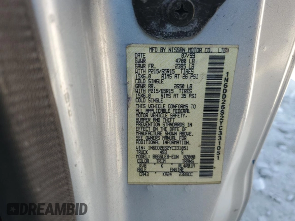 2000 Nissan Frontier XE with VIN 1N6DD26S2YC331051, listed as a Copart auction lot 49005285 with Not provided miles and Salvage title. Bid and sale history available at DreamBid. Image 12.