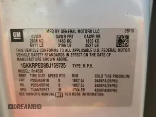 2011 GMC Acadia SLE z VIN 1GKKRPED8BJ159725, wystawiony jako Copart lot #57320215 z przebiegiem Nie podano mil oraz Tytuł czysty. Historia ofert i sprzedaży dostępna na DreamBid. Obrazek 13.