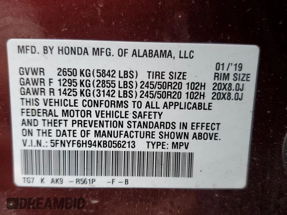 2019 Honda Pilot Touring 8-Passenger with VIN 5FNYF6H94KB056213, listed as a Copart auction lot 56429585 with 106,735 mi miles and Salvage title. Bid and sale history available at DreamBid. Image 13.