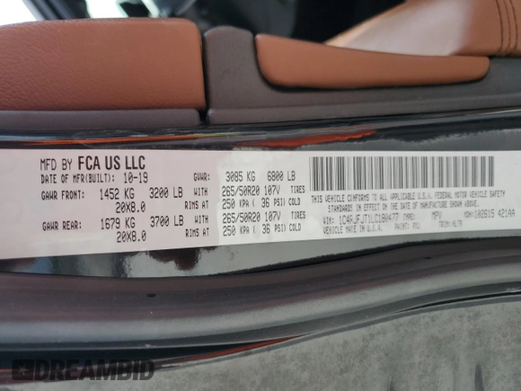 2020 Jeep Grand Cherokee Summit with VIN 1C4RJFJT1LC180477, listed as a Copart auction lot 84943334 with 33,870 mi miles and Salvage title. Bid and sale history available at DreamBid. Image 13.