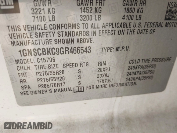 2016 Chevrolet Tahoe LT z VIN 1GNSCBKC9GR466543, wystawiony jako IAAI lot #42139663 z przebiegiem 235 744 mil mil oraz . Historia ofert i sprzedaży dostępna na DreamBid. Obrazek 9.