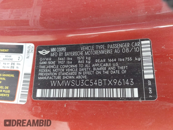 2011 MINI Hardtop with VIN WMWSU3C54BTX96143, listed as a IAAI auction lot 41854987 with 102,743 mi miles and . Bid and sale history available at DreamBid. Image 9.