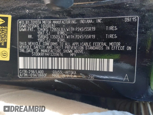 2015 Toyota Highlander Limited with VIN 5TDDKRFH4FS209616, listed as a IAAI auction lot 41961949 with 254,211 mi miles and . Bid and sale history available at DreamBid. Image 9.