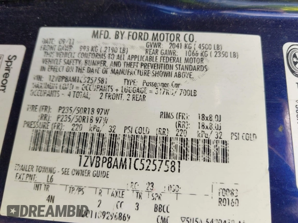 2012 Ford Mustang Premium with VIN 1ZVBP8AM1C5257581, listed as a IAAI auction lot 42546982 with 282,995 mi miles and . Bid and sale history available at DreamBid. Image 9.