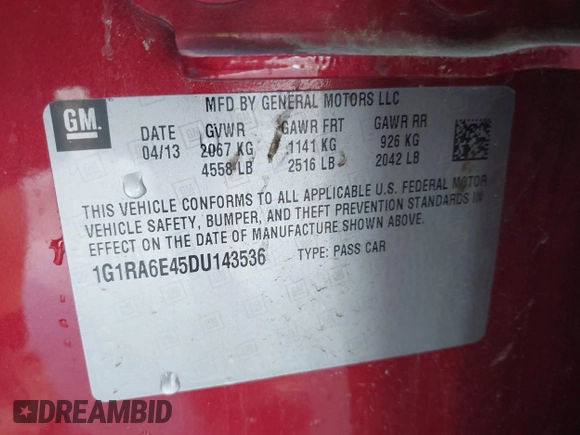 2013 Chevrolet Volt with VIN 1G1RA6E45DU143536, listed as a IAAI auction lot 42108457 with 117,142 mi miles and . Bid and sale history available at carsss.com. Image 9.