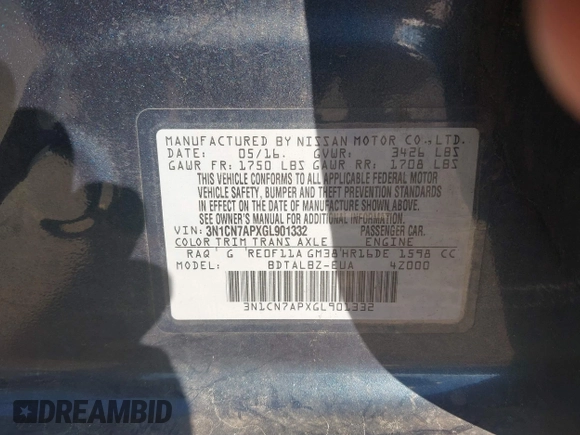 2016 Nissan Versa SV with VIN 3N1CN7APXGL901332, listed as a IAAI auction lot 41650605 with 111,087 mi miles. Bid and sale history available at carsss.com. Image 9.