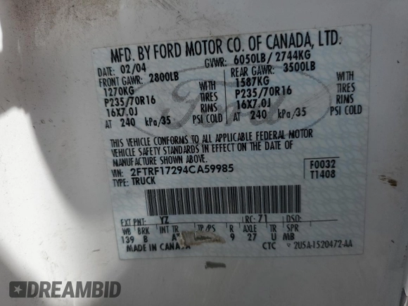 2004 Ford F-150 XL with VIN 2FTRF17294CA59985, listed as a Copart auction lot 55296195 with 220,933 mi miles and Salvage title. Bid and sale history available at DreamBid. Image 12.
