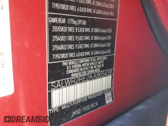 2019 Land Rover Range Rover Sport Dynamic with VIN SALWR2RE2KA865438, listed as a Copart auction lot 43042175 with 0 mi miles and Salvage Title. Bid and sale history available at carsss.com. Image 13.