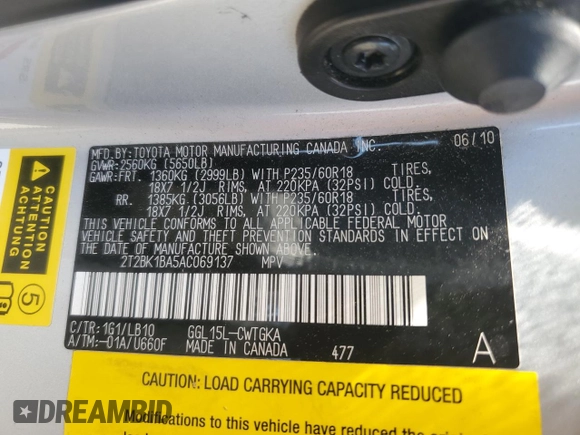 2010 Lexus RX 350 with VIN 2T2BK1BA5AC069137, listed as a Copart auction lot 55562755 with 148,393 mi miles and Salvage Title. Bid and sale history available at DreamBid. Image 13.