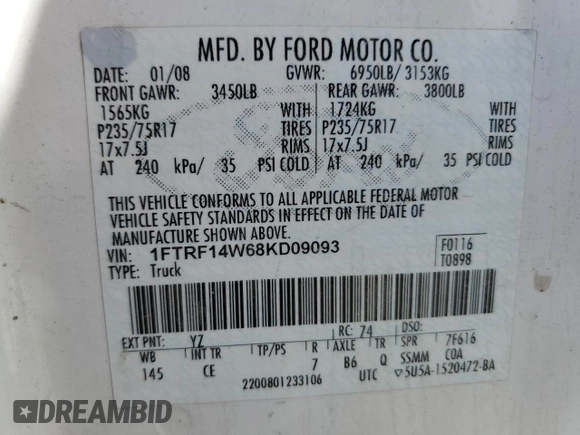 2008 Ford F-150 XL with VIN 1FTRF14W68KD09093, listed as a Copart auction lot 68461844 with 1,528,722 mi miles and Clean Title. Bid and sale history available at carsss.com. Image 14.