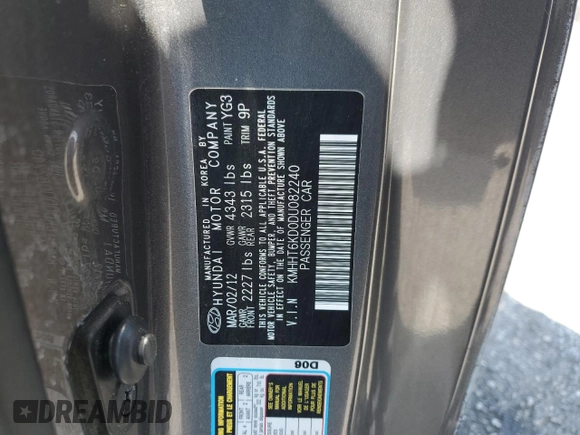 2013 Hyundai Genesis Coupe 2.0T with VIN KMHHT6KD0DU082240, listed as a Copart auction lot 59400945 with 119,761 mi miles and Clean title. Bid and sale history available at DreamBid. Image 12.