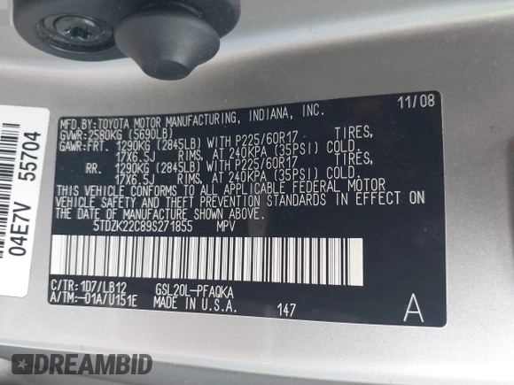 2009 Toyota Sienna XLE z VIN 5TDZK22C89S271855, wystawiony jako IAAI lot #42752540 z przebiegiem 168 909 mil mil oraz . Historia ofert i sprzedaży dostępna na DreamBid. Obrazek 9.