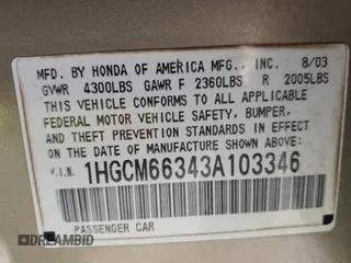 2003 Honda Accord LX z VIN 1HGCM66343A103346, wystawiony jako IAAI lot #41939613 z przebiegiem 231 328 mil mil oraz . Historia ofert i sprzedaży dostępna na DreamBid. Obrazek 9.
