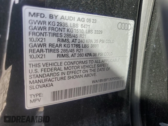 2023 Audi Q8 Premium Plus with VIN WA1BVBF1XPD032408, listed as a Copart auction lot 55977695 with 19,596 mi miles and Salvage title. Bid and sale history available at DreamBid. Image 12.