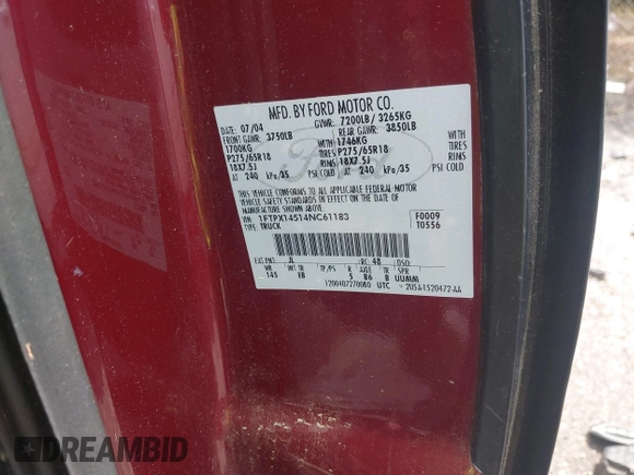 2004 Ford F-150 XLT with VIN 1FTPX14514NC61183, listed as a IAAI auction lot 42173892 with 141,949 mi miles and . Bid and sale history available at carsss.com. Image 9.
