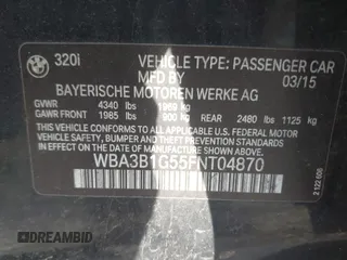 2015 BMW 3 Series 320i with VIN WBA3B1G55FNT04870, listed as a IAAI auction lot 42141211 with 249,720 mi miles. Bid and sale history available at carsss.com. Image 9.