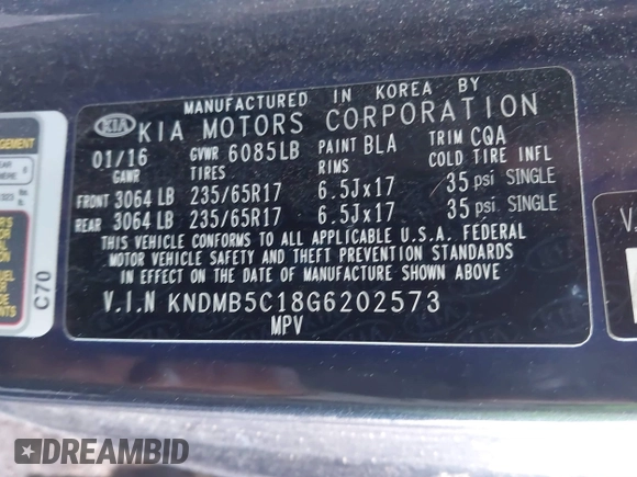2016 Kia Sedona LX with VIN KNDMB5C18G6202573, listed as a IAAI auction lot 41841796 with 68,568 mi miles. Bid and sale history available at carsss.com. Image 9.