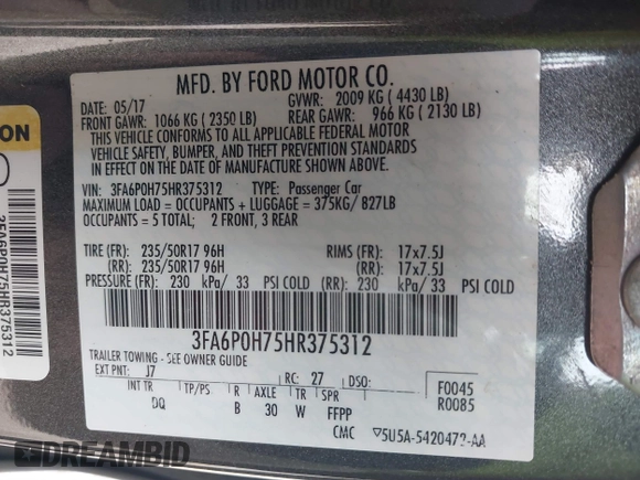 2017 Ford Fusion SE with VIN 3FA6P0H75HR375312, listed as a IAAI auction lot 41536030 with 154,732 mi miles. Bid and sale history available at carsss.com. Image 9.