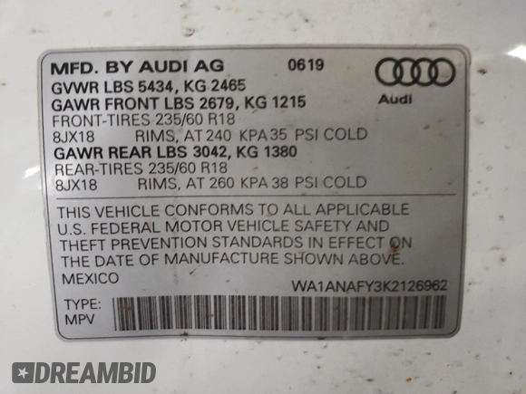 2019 Audi Q5 Premium with VIN WA1ANAFY3K2126962, listed as a Copart auction lot 66142252 with 49,265 mi miles. Bid and sale history available at carsss.com. Image 10.