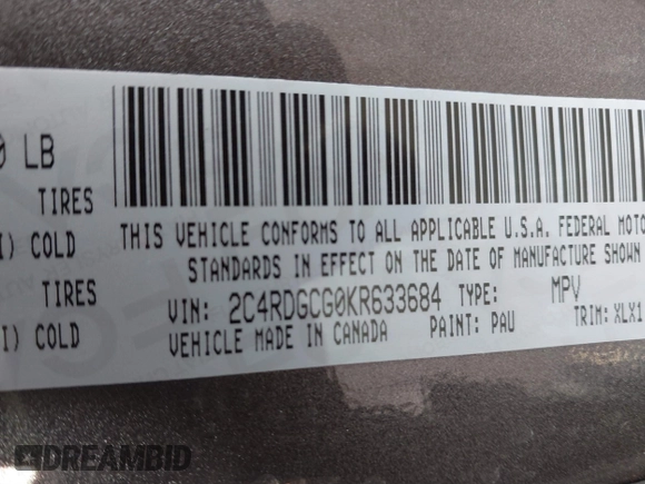 2019 Dodge Grand Caravan SXT with VIN 2C4RDGCG0KR633684, listed as a IAAI auction lot 41460470 with 101,801 mi miles. Bid and sale history available at carsss.com. Image 9.