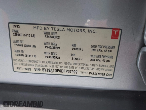 2013 Tesla Model S Performance with VIN 5YJSA1DP6DFP07999, listed as a IAAI auction lot 42284612 with 123,261 mi miles and . Bid and sale history available at DreamBid. Image 9.