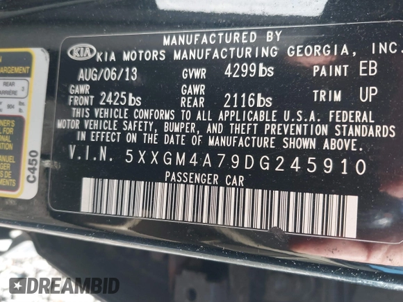 2013 Kia Optima LX with VIN 5XXGM4A79DG245910, listed as a IAAI auction lot 41853925 with 231,321 mi miles. Bid and sale history available at carsss.com. Image 9.
