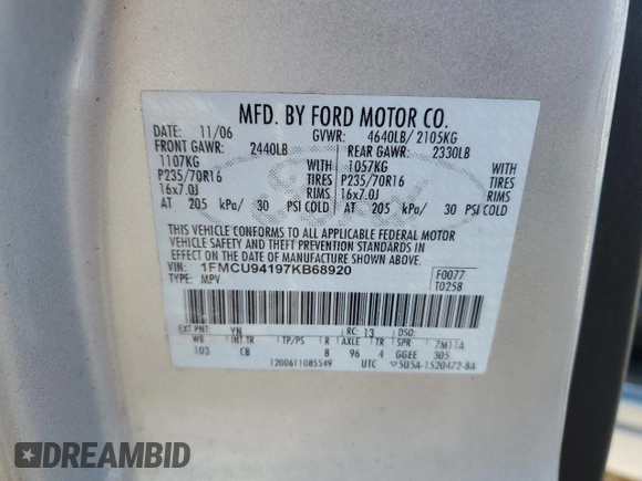 2007 Ford Escape Limited with VIN 1FMCU94197KB68920, listed as a Copart auction lot 41742965 with 112,279 mi miles and Clean Title. Bid and sale history available at carsss.com. Image 13.