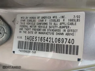 2002 Honda Civic LX with VIN 1HGES16542L069740, listed as a IAAI auction lot 41902478 with 146,627 mi miles. Bid and sale history available at carsss.com. Image 9.