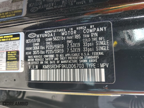 2019 Hyundai Santa Fe XL Limited Ultimate with VIN KM8SRDHF9KU306703, listed as a Copart auction lot 64034923 with 46,123 mi miles. Bid and sale history available at carsss.com. Image 13.