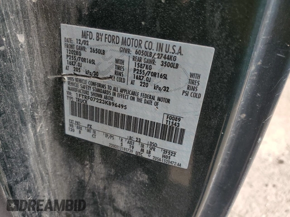 2003 Ford F-150 XL with VIN 1FTRF07223KB96495, listed as a Copart auction lot 63028535 with 217,315 mi miles and Clean title. Bid and sale history available at DreamBid. Image 12.