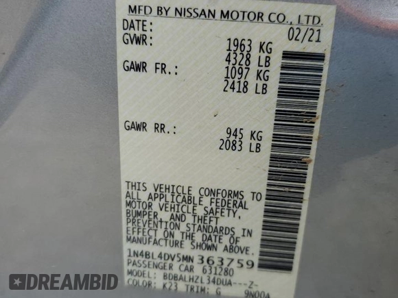 2021 Nissan Altima 2.5 SV with VIN 1N4BL4DV5MN363759, listed as a Copart auction lot 49438585 with 111,683 mi miles and Salvage Title. Bid and sale history available at carsss.com. Image 12.
