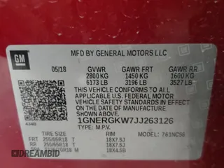 2018 Chevrolet Traverse LT Cloth z VIN 1GNERGKW7JJ263126, wystawiony jako Copart lot #52951655 z przebiegiem 118 356 mil mil oraz Szkoda całkowita • Salvage title. Historia ofert i sprzedaży dostępna na DreamBid. Obrazek 14.