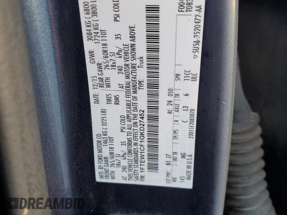 2016 Ford F-150 XL with VIN 1FTEW1CF1GKD27452, listed as a Copart auction lot 49506385 with 184,418 mi miles and Salvage Title. Bid and sale history available at carsss.com. Image 13.