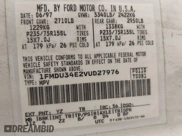 1997 Ford Explorer XL with VIN 1FMDU34E2VUD27976, listed as a IAAI auction lot 41685309 with 191,176 mi miles and . Bid and sale history available at DreamBid. Image 9.