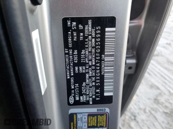 2015 Kia Optima EX with VIN 5XXGN4A76FG356995, listed as a Copart auction lot 86076004 with 138,732 mi miles and Salvage Title. Bid and sale history available at carsss.com. Image 14.